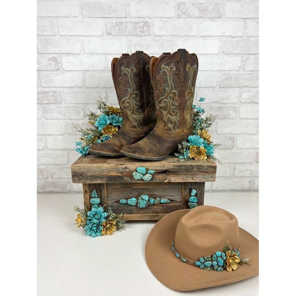 Justin Distressed Brown Teal Embroidered Western Cowgirl Boots festival 7.5